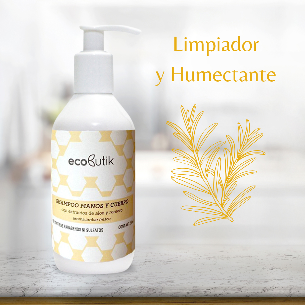 Shampoo para manos y cuerpo con Extractos de Aloe y Romero - Ámbar Fresco